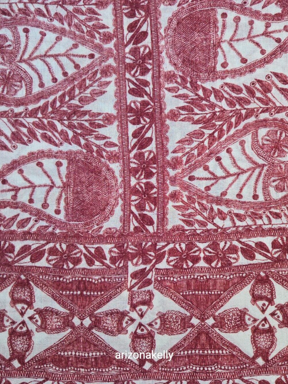 NWOT Lila Wool Lightweight Scarf With Fish Design Burgundy - Picture 13 of 15